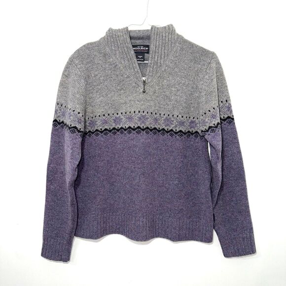 Woolrich 100% Lambs Wool Quarter Zip Fair Isle Sweater - Plum M - Picture 2 of 8